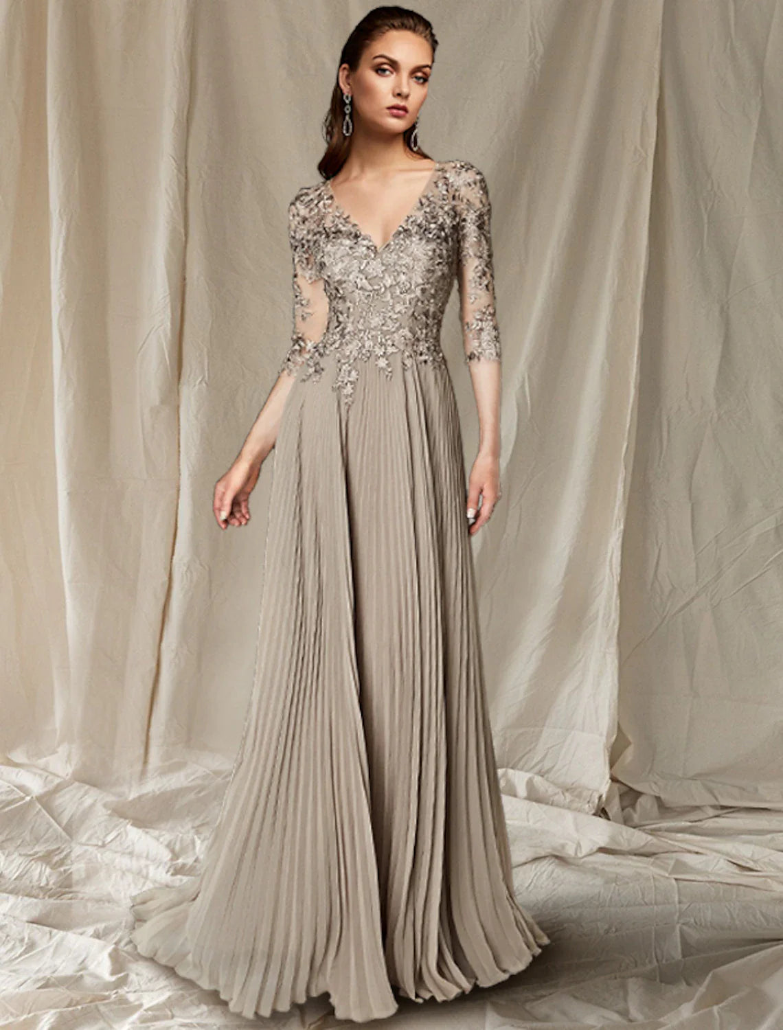 Wholesale A-Line Mother of the Bride Dress Wedding Guest Plus Size Elegant V Neck Floor Length Chiffon Lace Half Sleeve with Pleats Appliques